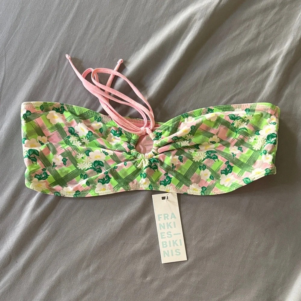 NWT FRANKIES BIKINIS Meredith Plaid Bandeau Bikini Top, Baby Daisy, size M